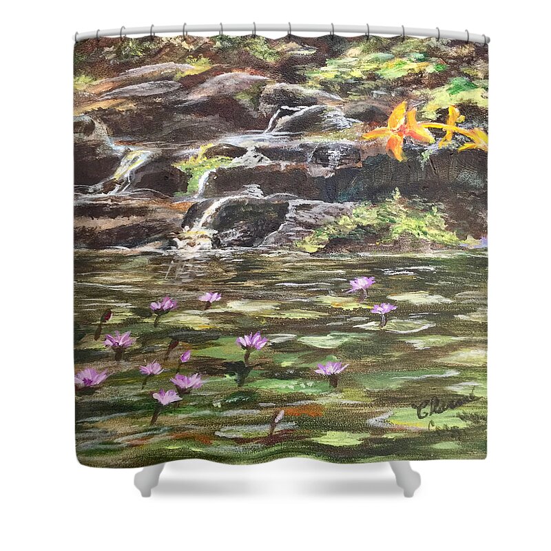 Koi Shower Curtain featuring the painting Koi Pond in Hawaii by Charme Curtin