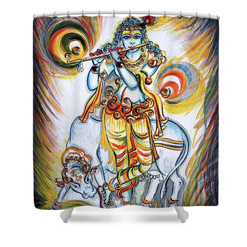 Krishna Shower Curtain featuring the painting Krishna - Flute - Cow by Harsh Malik