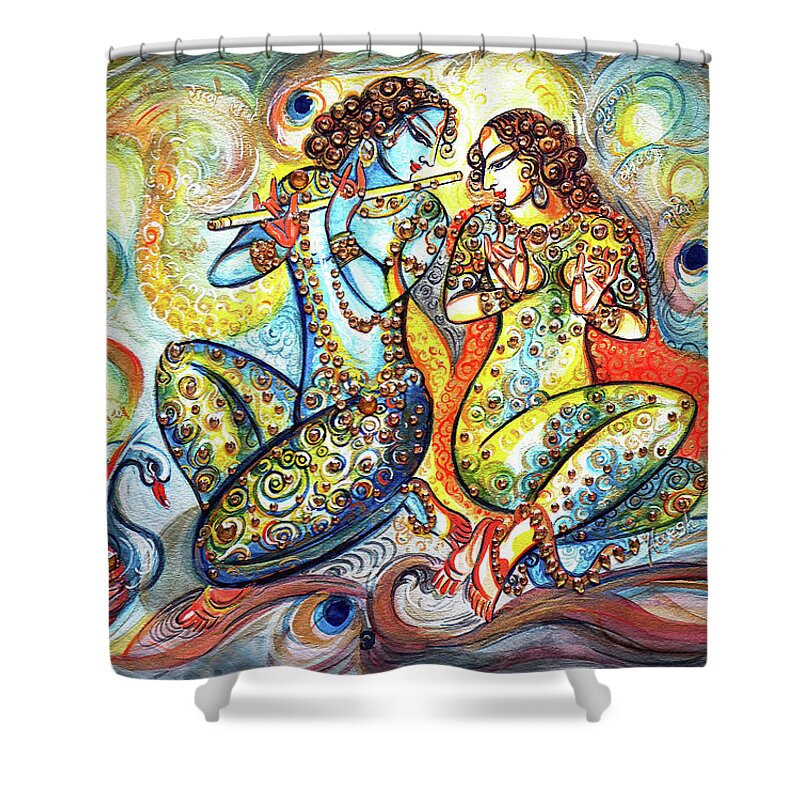 Krishna Shower Curtain featuring the painting Krishna - Flute Player by Harsh Malik