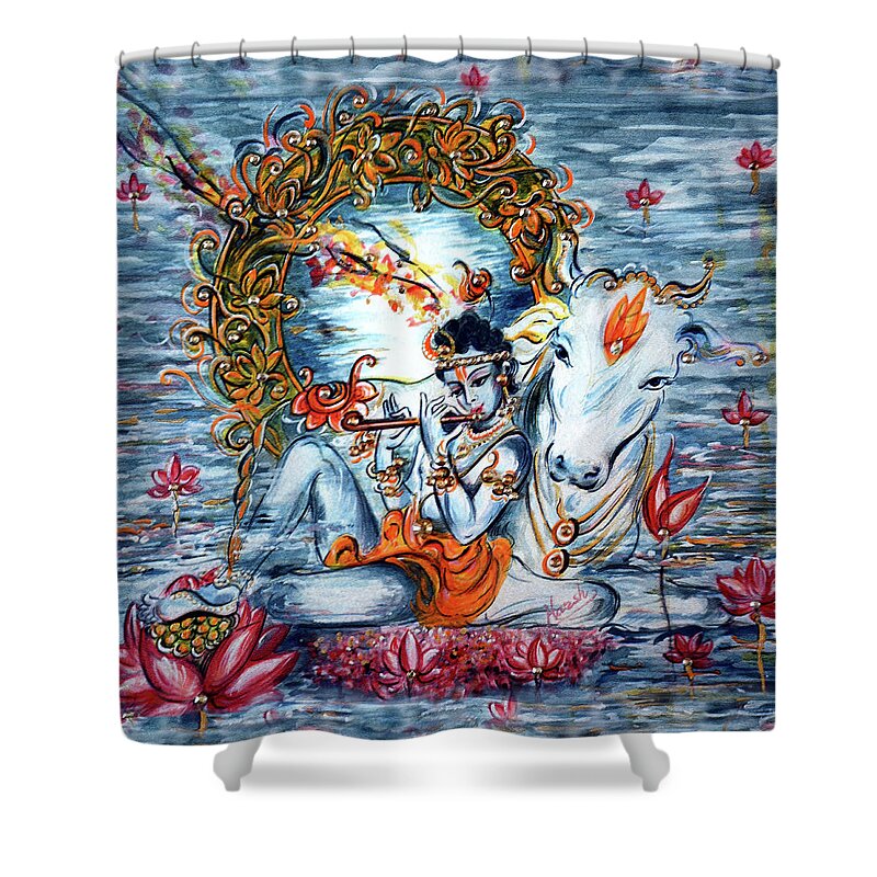 Krishna Shower Curtain featuring the painting Krishna - Govinda by Harsh Malik