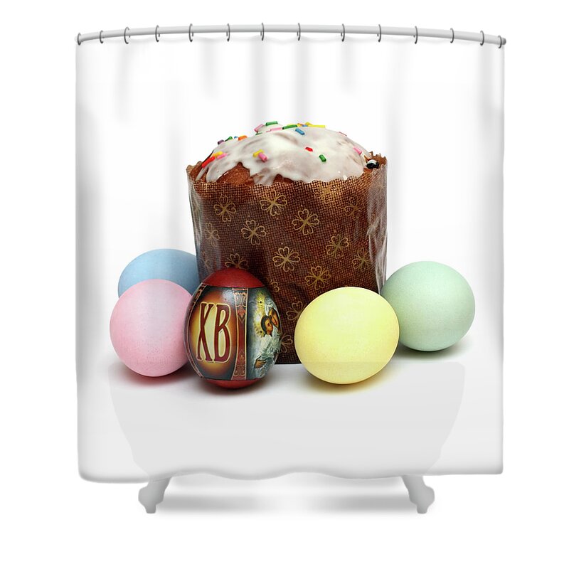 Egg Shower Curtain featuring the photograph Kulich And Eggs by Mikhail Kokhanchikov