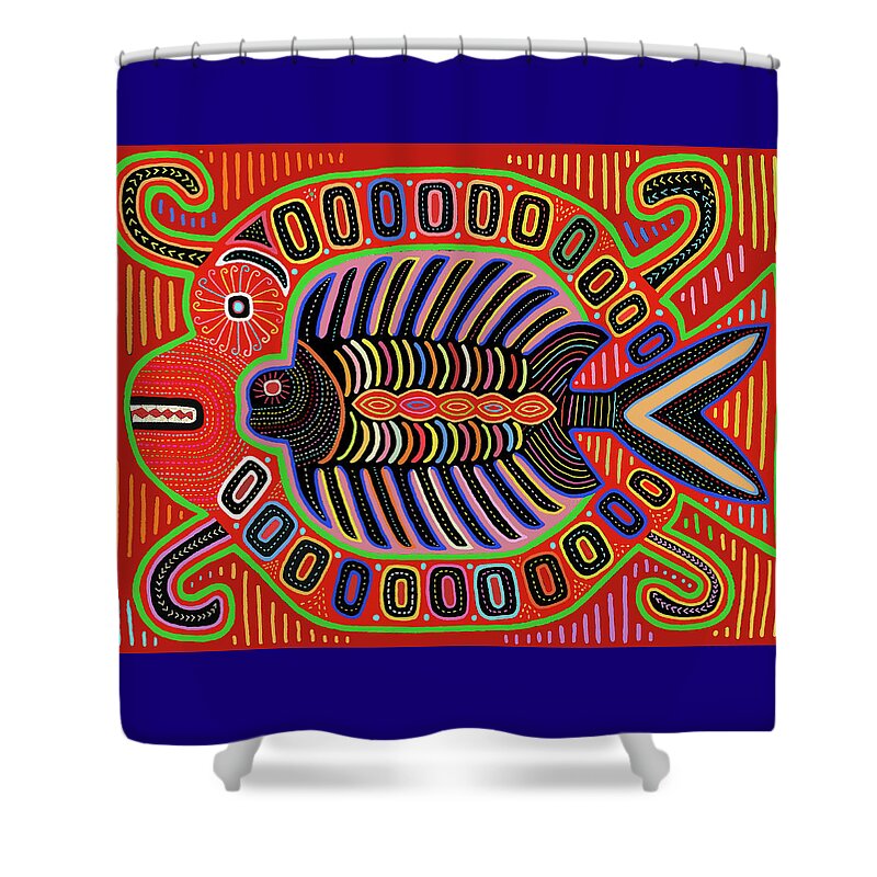 Kuna Indian Mola Shower Curtain featuring the digital art Kuna Indian Pescado Mola by Vagabond Folk Art - Virginia Vivier