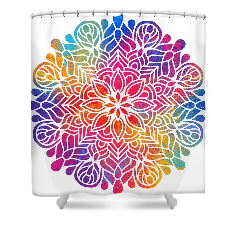 Colorful Shower Curtain featuring the digital art Kurama - Colorful Vibrant Rainbow Mandala Pattern by Sambel Pedes