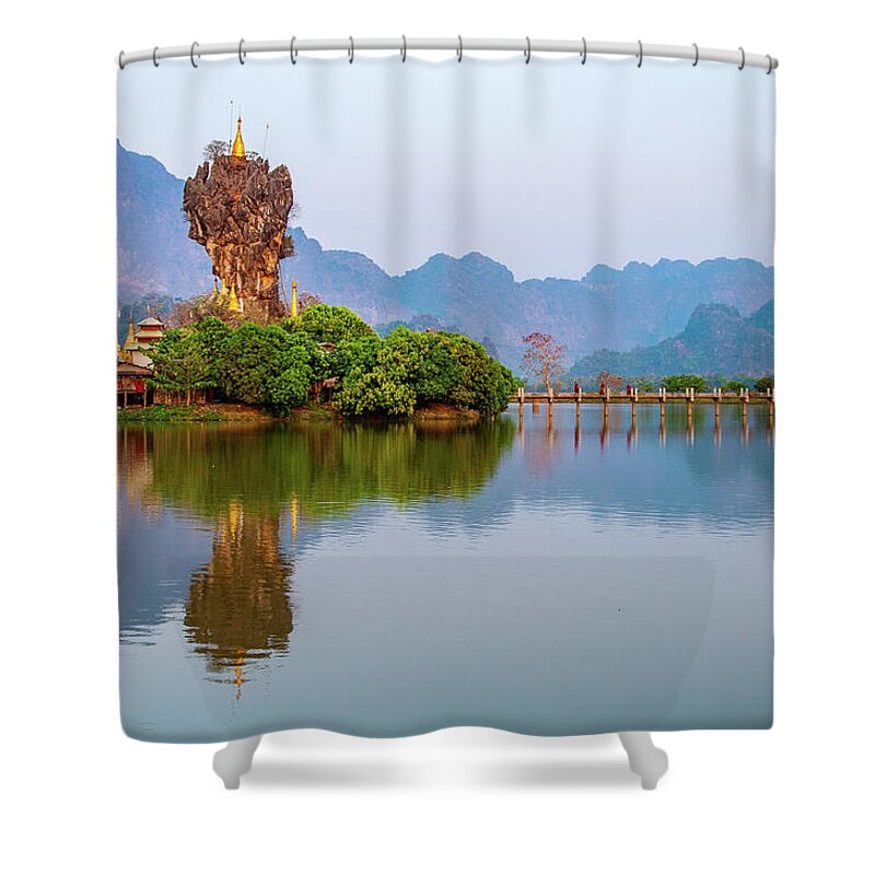 Hpaan Shower Curtain featuring the photograph Kyauk Kalap Monastery by Arj Munoz