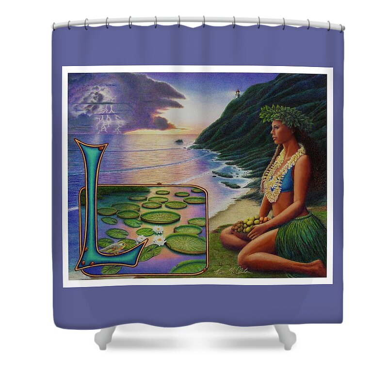 Kim Mcclinton Shower Curtain featuring the drawing L is for Lei by Kim McClinton