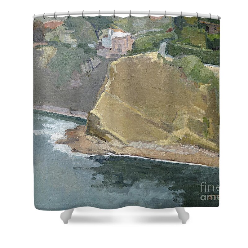 Bay Shower Curtain featuring the painting La Jolla Bay, Cliffs along Coastwalk by Paul Strahm