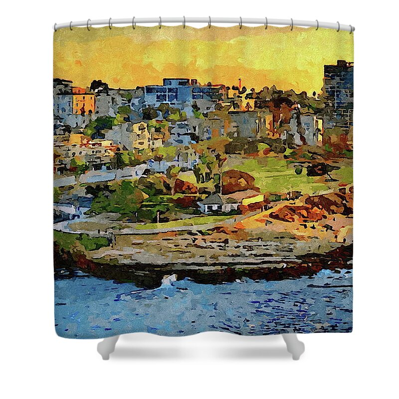 La Jolla Shower Curtain featuring the painting La Jolla Village at Sunset by Russ Harris