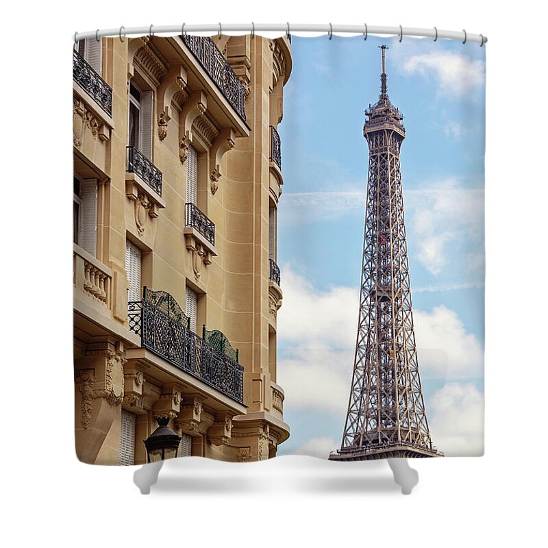 Eiffel Tower Photography Shower Curtain featuring the photograph La Tour Eiffel from Avenue de Camoens by Melanie Alexandra Price