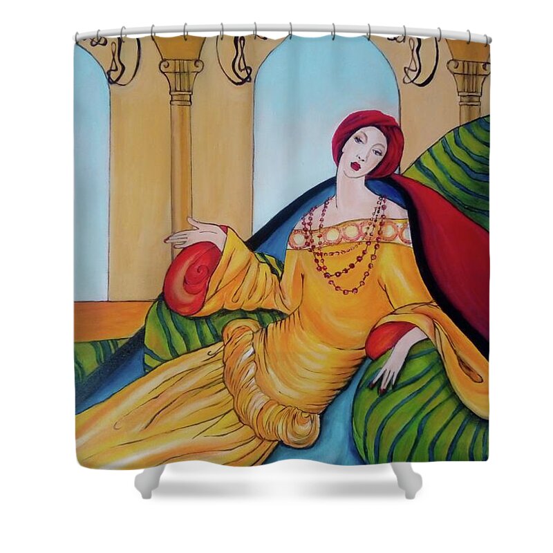 Lady Shower Curtain featuring the painting Lady in Pillows by Leonida Arte
