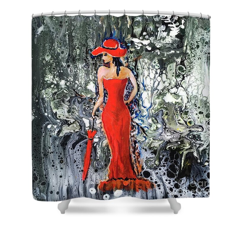 Lady Shower Curtain featuring the painting Lady in red 2 by Maria Karlosak