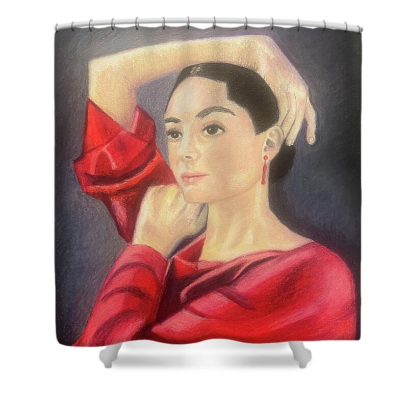 Portrait Shower Curtain featuring the drawing Lady in Red by Christina Wedberg
