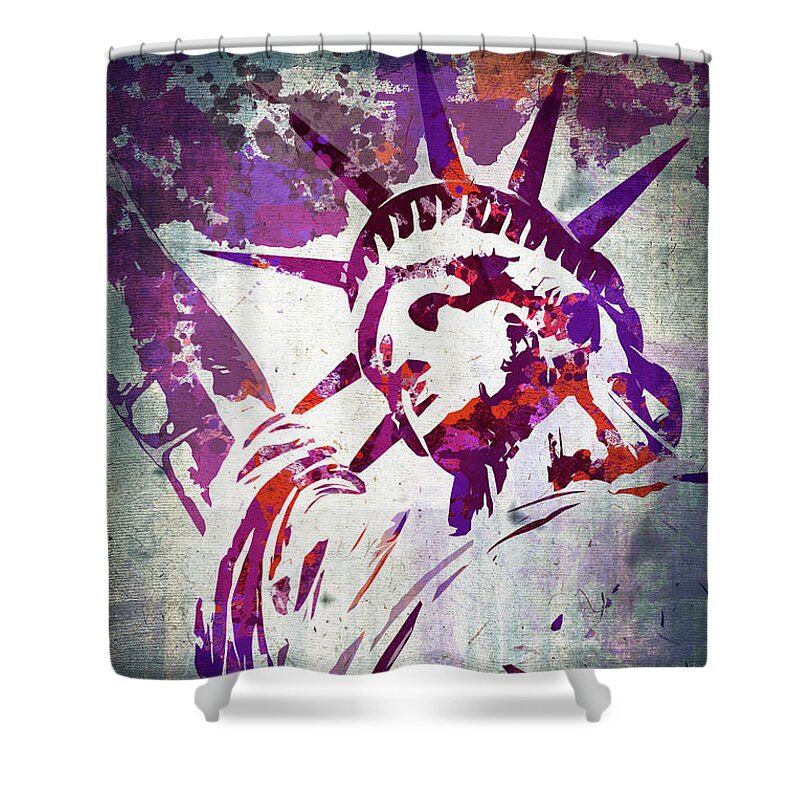 Statue Shower Curtain featuring the painting Statue of Liberty purple watercolor by Delphimages Photo Creations