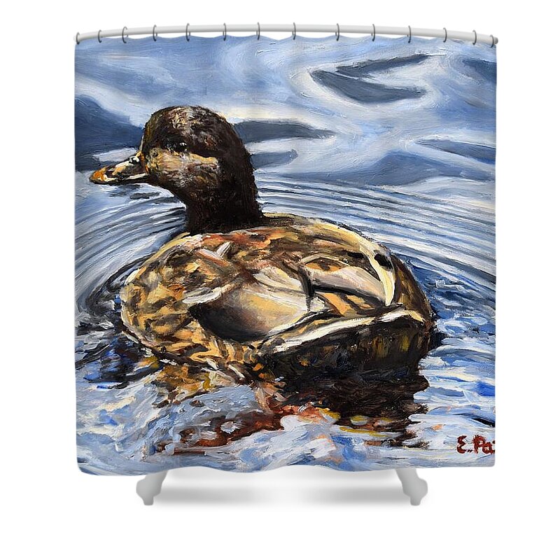 Duck Shower Curtain featuring the painting Lady Mallard by Eileen Patten Oliver