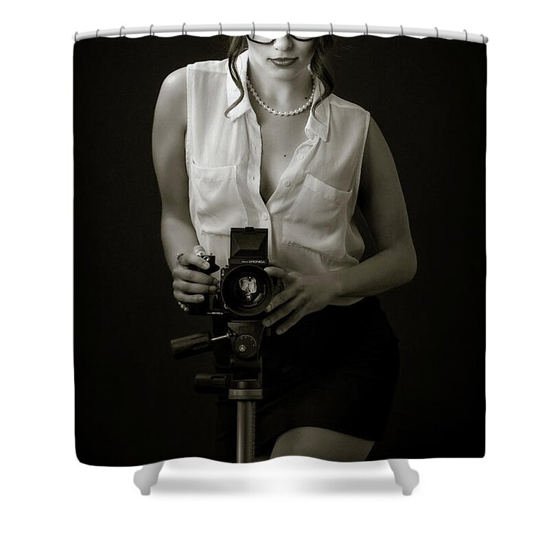 Black And White Shower Curtain featuring the photograph Lady Photog by Rikk Flohr
