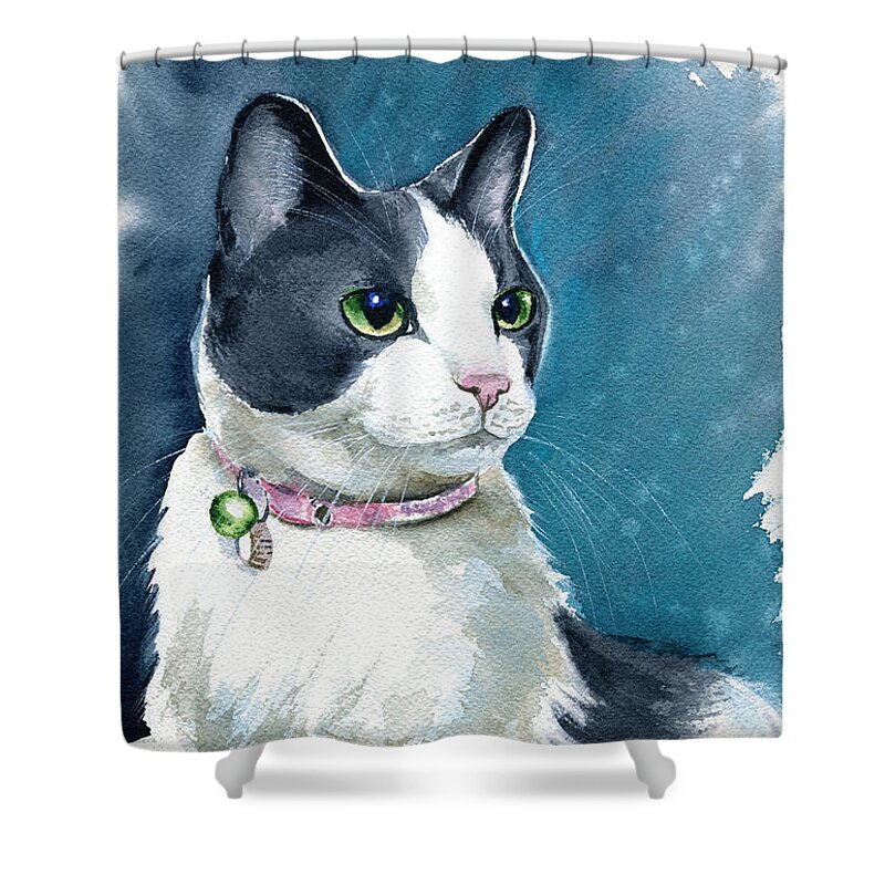 Cat Shower Curtain featuring the painting Lady Tuxedo Cat Painting by Dora Hathazi Mendes