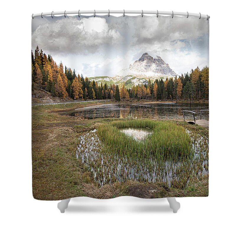 Lago Di Antorno Shower Curtain featuring the photograph Lago di antorno lake and Tre cime di lavadero mountain reflection in autumn. Forest landscape South tyrol Italy by Michalakis Ppalis