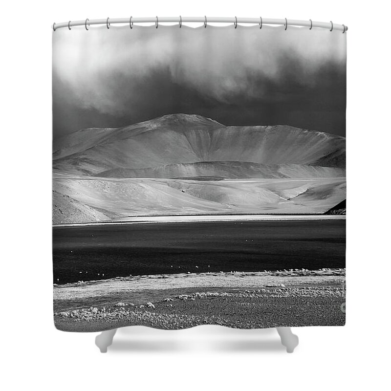 Chile Shower Curtain featuring the photograph Laguna Santa Rosa black and white Chile by James Brunker