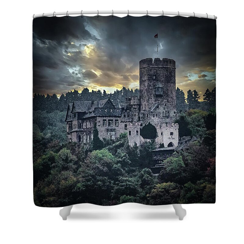 Lahneck Castle Shower Curtain featuring the digital art Lahneck Castle Sunset, Dry Brush by Ron Long Ltd Photography