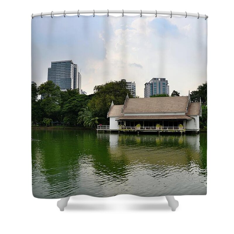 Lake Shower Curtain featuring the photograph Lake and house with skyline at Lumphini Park Bangkok Thailand by Imran Ahmed