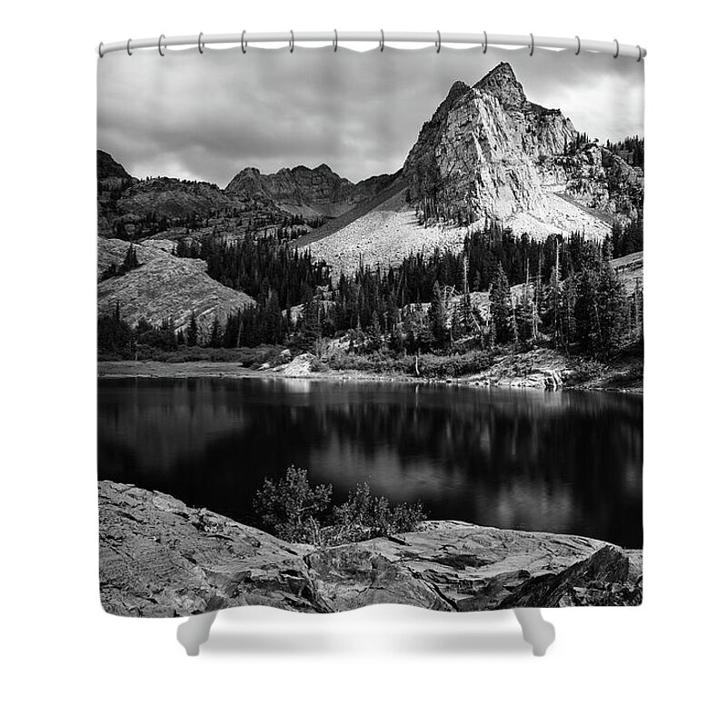 Utah Shower Curtain featuring the photograph Lake Blanche and the Sundial Black and White - Big Cottonwood Canyon, Utah by Brett Pelletier
