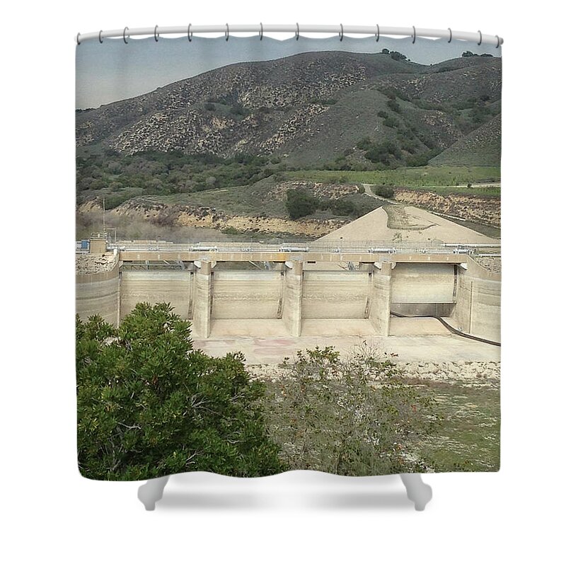 Lake Cachuma Shower Curtain featuring the photograph Lake Cachuma Dam in Drought Feb 2016 by Roxy Rich
