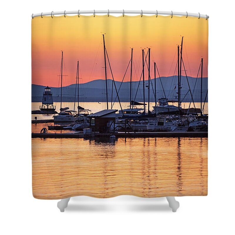 Burlington Shower Curtain featuring the photograph Lake Champlain Sunset From Burlington Vermont Waterfront Park North Lighthouse by Toby McGuire
