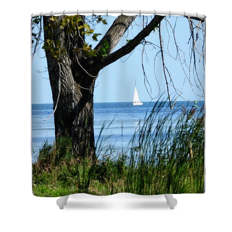 Boat Shower Curtain featuring the photograph Lake Erie calm by Judy Stepanian