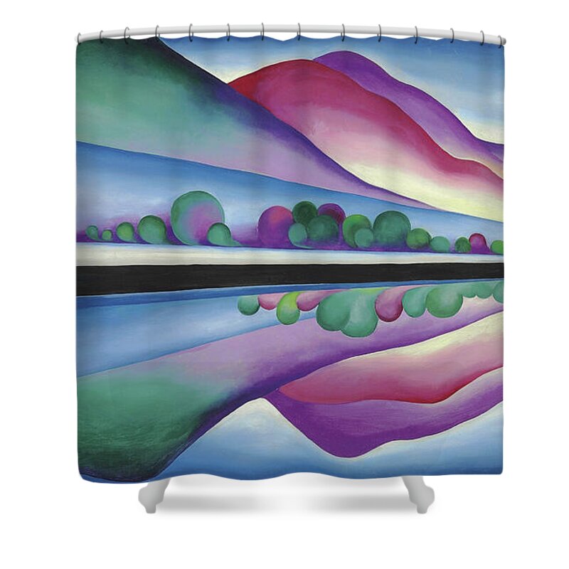 Georgia O'keeffe Shower Curtain featuring the painting Lake George, reflection - modernist abstract landscape painting by Georgia O'Keeffe