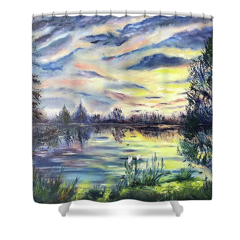 Landscape Shower Curtain featuring the painting Lake sunset in Land O Lakes by Tetiana Bielkina
