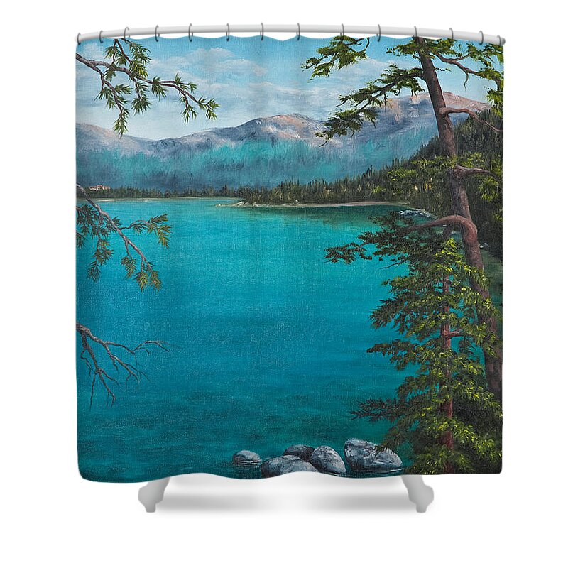 Lake Tahoe Shower Curtain featuring the painting Lake Tahoe Nevada Looking Towards Incline Village by Darice Machel McGuire
