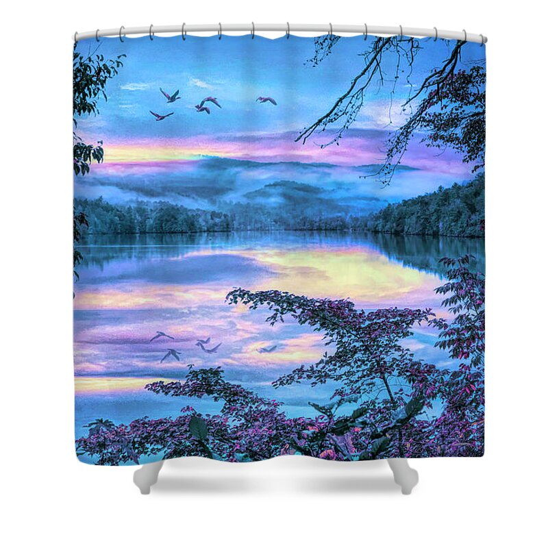 Carolina Shower Curtain featuring the photograph Lake Through the Evening Trees Ocoee Parksville by Debra and Dave Vanderlaan
