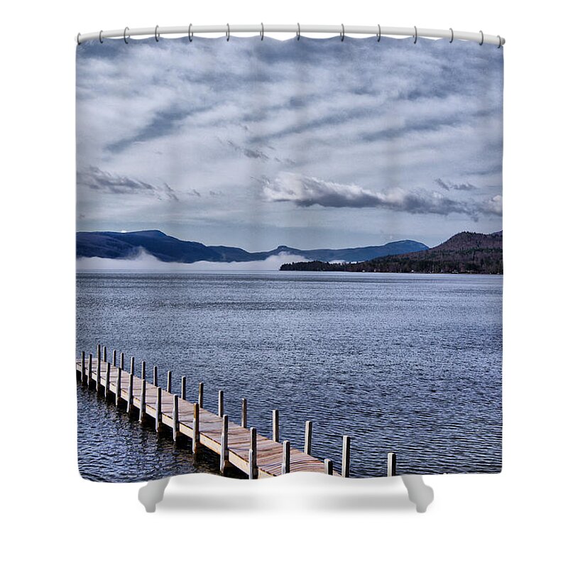 Lake Shower Curtain featuring the photograph Lake View Clouds and Dock by Russ Considine
