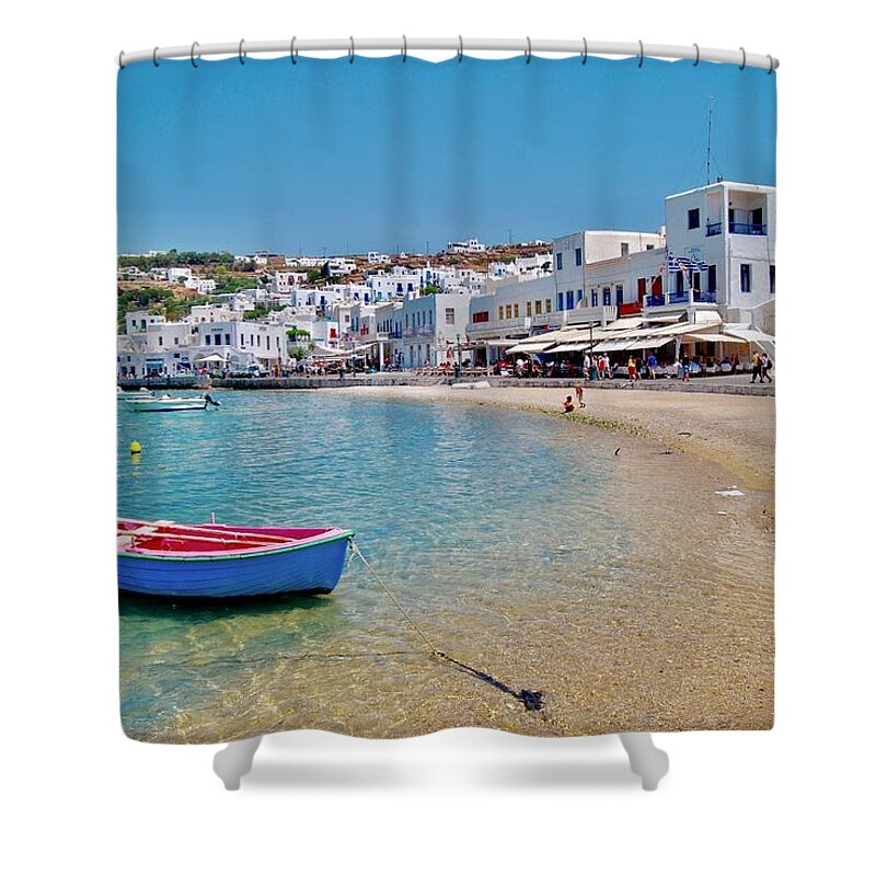 Boat Shower Curtain featuring the photograph Landed in Mykonos by Michael Descher