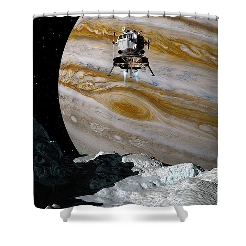Spaceship Shower Curtain featuring the digital art Lander skimming surface of Europa by David Robinson