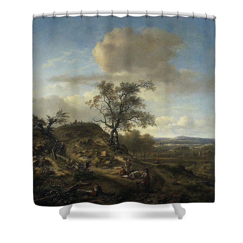 Outdoor Shower Curtain featuring the drawing Landscape with a Hunter and other Figures c  c by Jan Wijnants Dutch