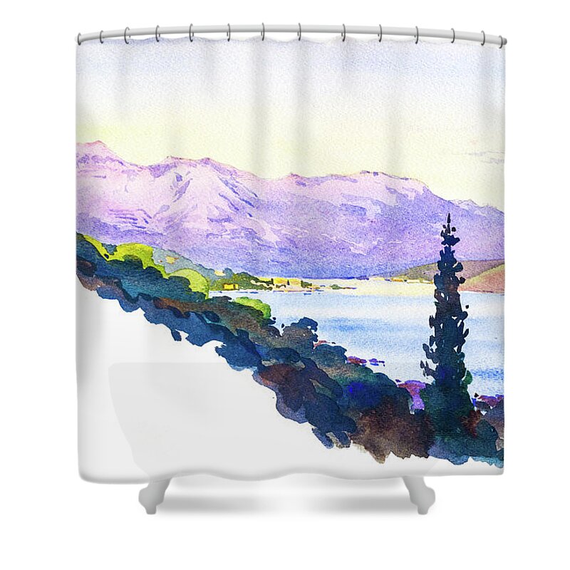 1930s Shower Curtain featuring the painting Landscape with mountains and sea, Dalmatia, 1938 by Viktor Wallon-Hars