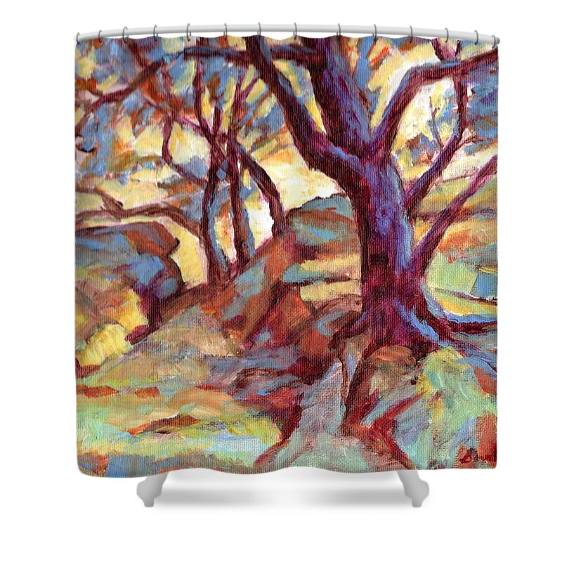 Acrylic Shower Curtain featuring the painting Landscape with Purple Tree by David Dorrell