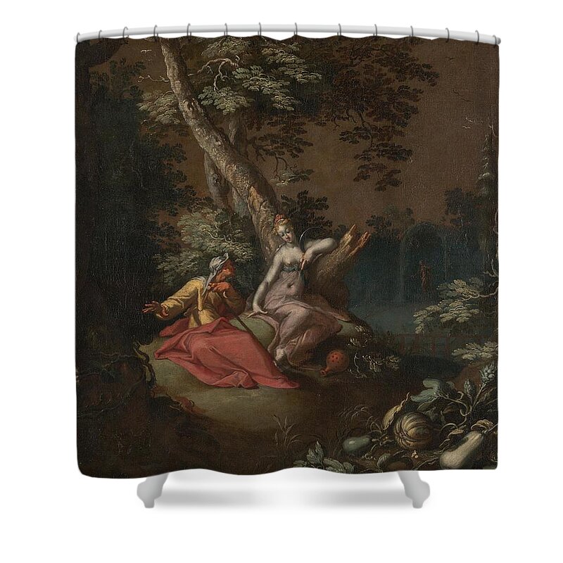  Shower Curtain featuring the drawing Landscape With Vertumnus And pomona Ca by Abraham Bloemaert Dutch
