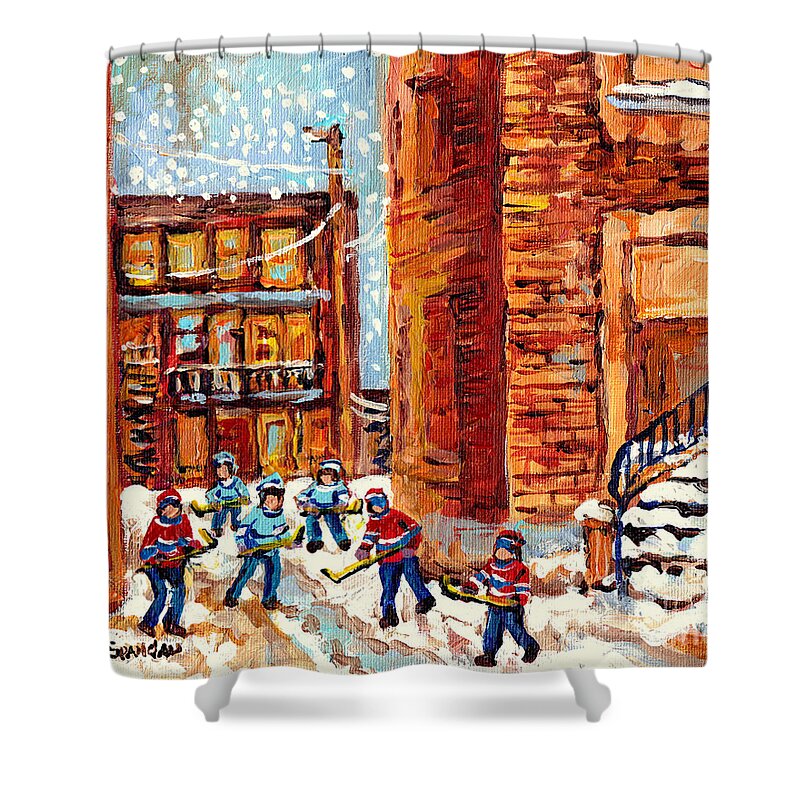 Shower Curtain featuring the painting Laneway Street Hockey Game Kids Winter Fun Snow Falling Montreal Art Scene C Spandau Canadian Artist by Carole Spandau