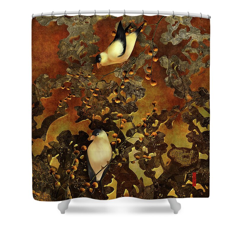Chinoiserie Shower Curtain featuring the digital art Lantern Chinoiserie Goldfinches and Berries by Sand And Chi