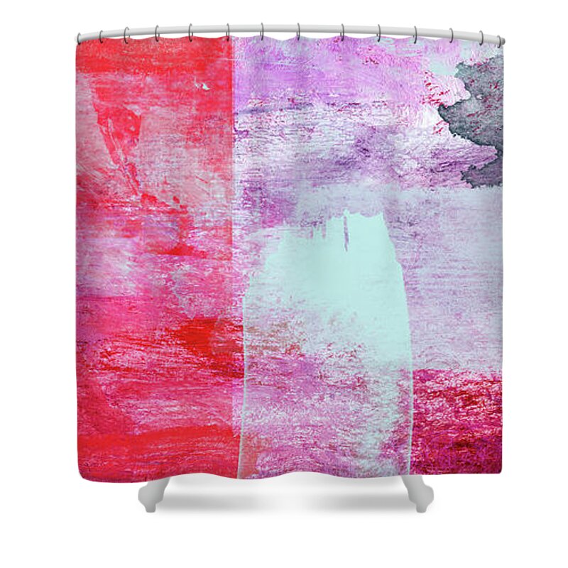 Abstract Shower Curtain featuring the painting Large Red and Pastel Blue Vibrant Abstract Painting - Searching For Rain by Modern Abstract
