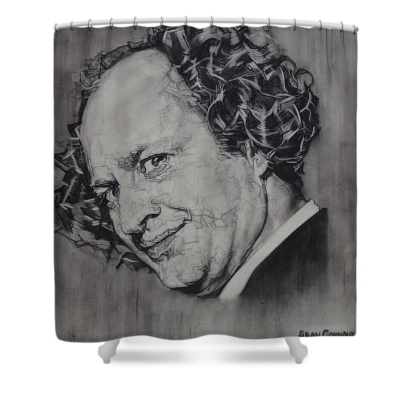 Charcoal Pencil Shower Curtain featuring the drawing Larry Fine Of The Three Stooges - Where's Your Dignity? by Sean Connolly