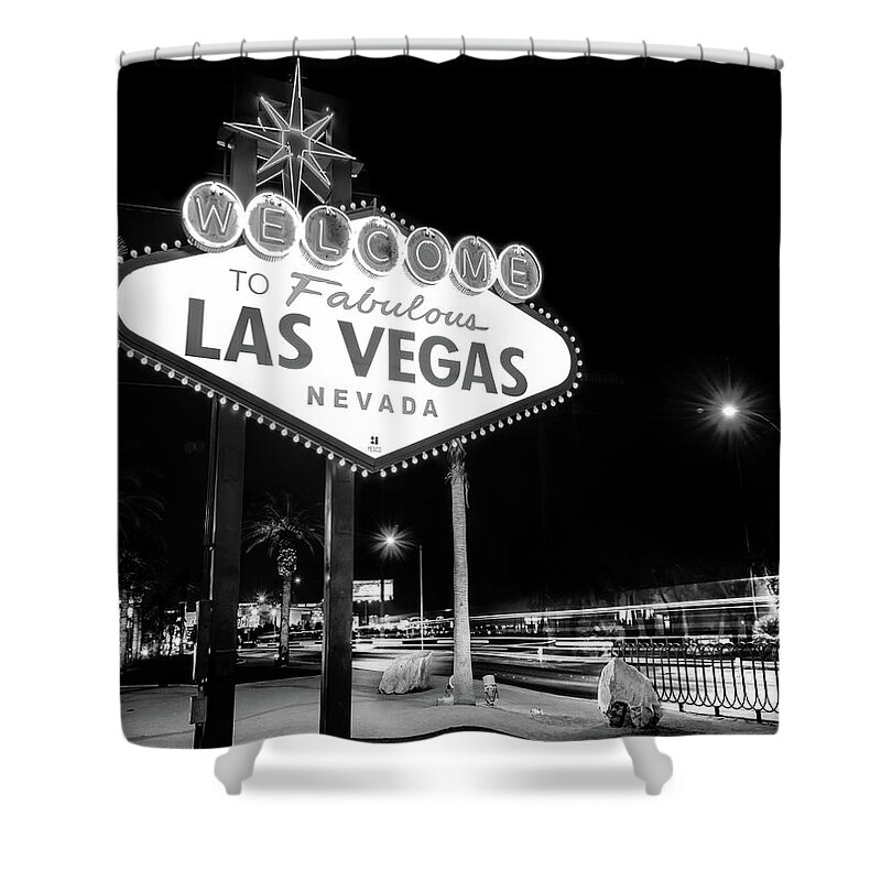 America Shower Curtain featuring the photograph Las Vegas Famous Welcome Sign in Black and White by Gregory Ballos