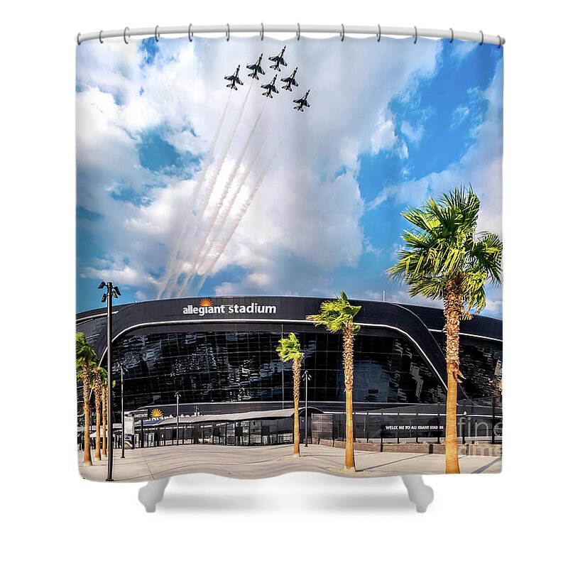 Allegiant Stadium Shower Curtain featuring the photograph Las Vegas Raiders Allegiant Stadium Opening Day Thunderbirds Fly Over by Aloha Art