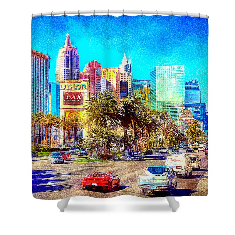Las Vegas Shower Curtain featuring the mixed media Las Vegas Strip at Luxor by Tatiana Travelways