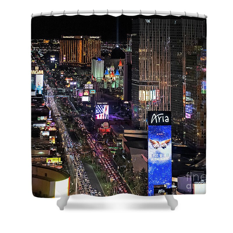 Las Vegas Shower Curtain featuring the photograph Las Vegas Strip at Night Aerial View by David Oppenheimer