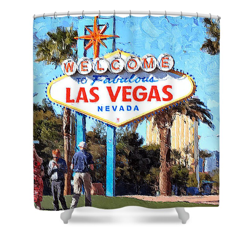 Las Vegas Welcome Sign Shower Curtain featuring the mixed media Las Vegas Welcome Sign by Tatiana Travelways