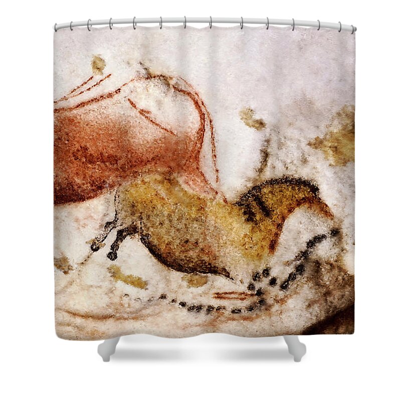 Lascaux Shower Curtain featuring the digital art Lascaux Cow and Horse by Weston Westmoreland