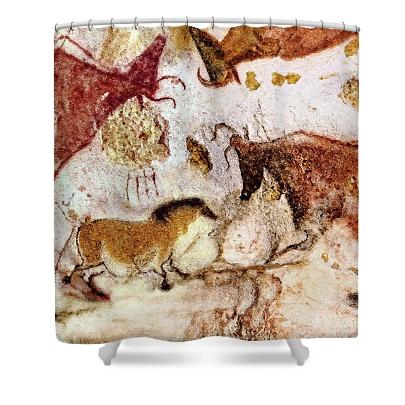 Lascaux Shower Curtain featuring the digital art Lascaux Cow and Horses by Weston Westmoreland