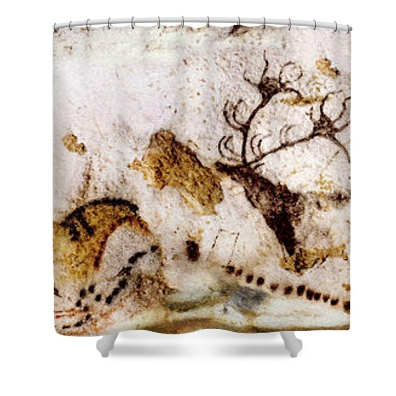 Lascaux Shower Curtain featuring the digital art Lascaux Cows Horses and Deer by Weston Westmoreland
